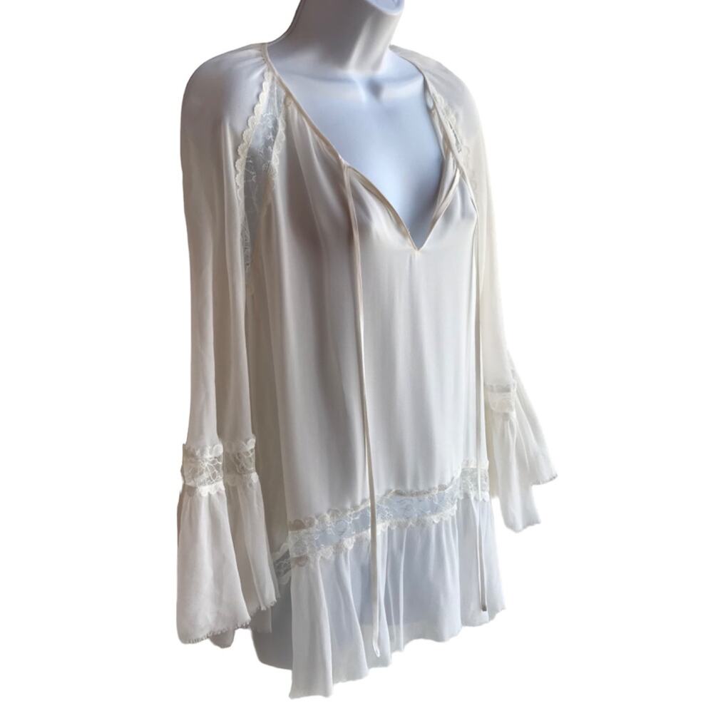 Alice + Olivia White Sheer Silk "Poets Blouse" with Lace, Bell Sleeves size XS - Picture 5 of 10